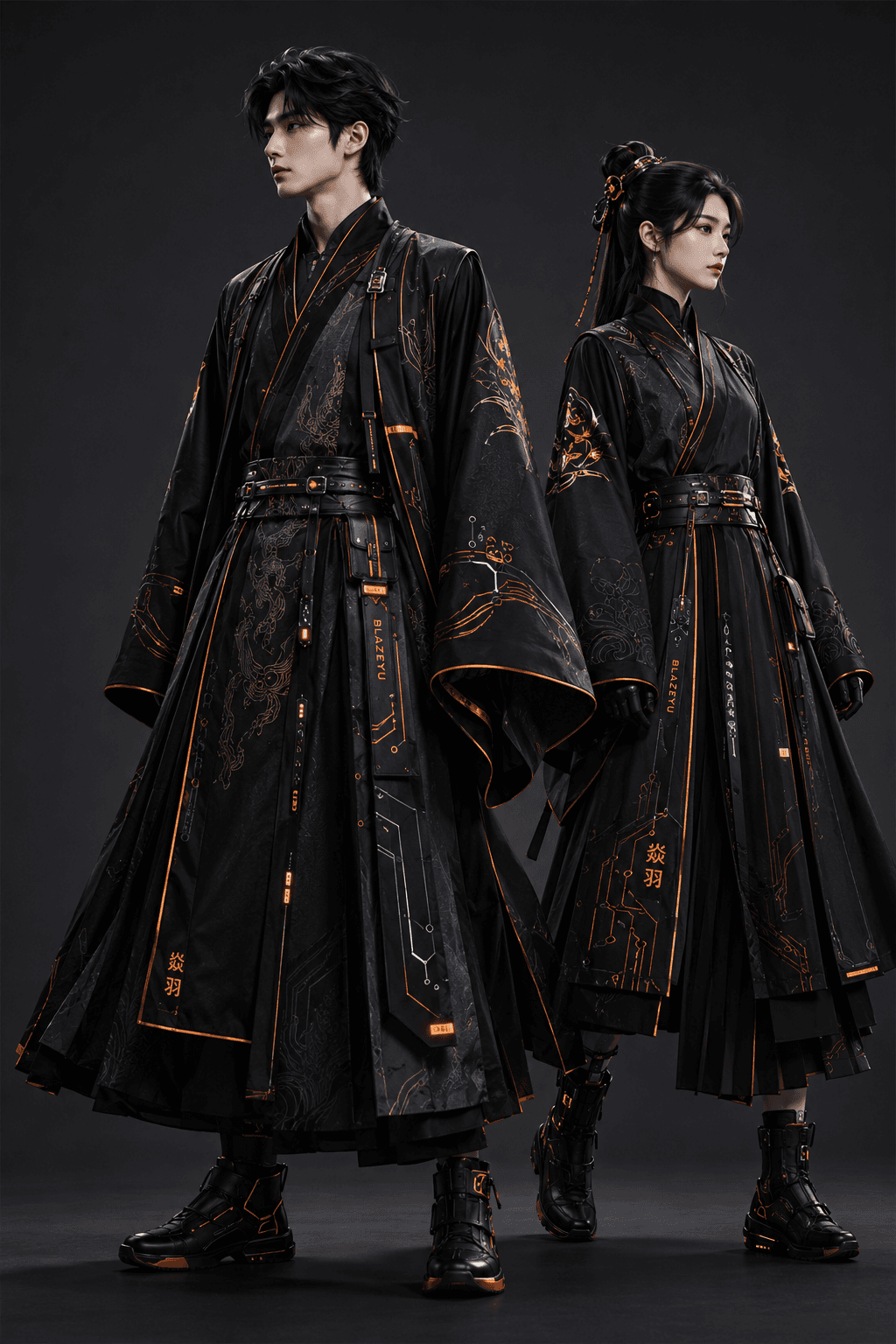 Traditional Chinese Hanfu modernized with tech and futuristic concepts