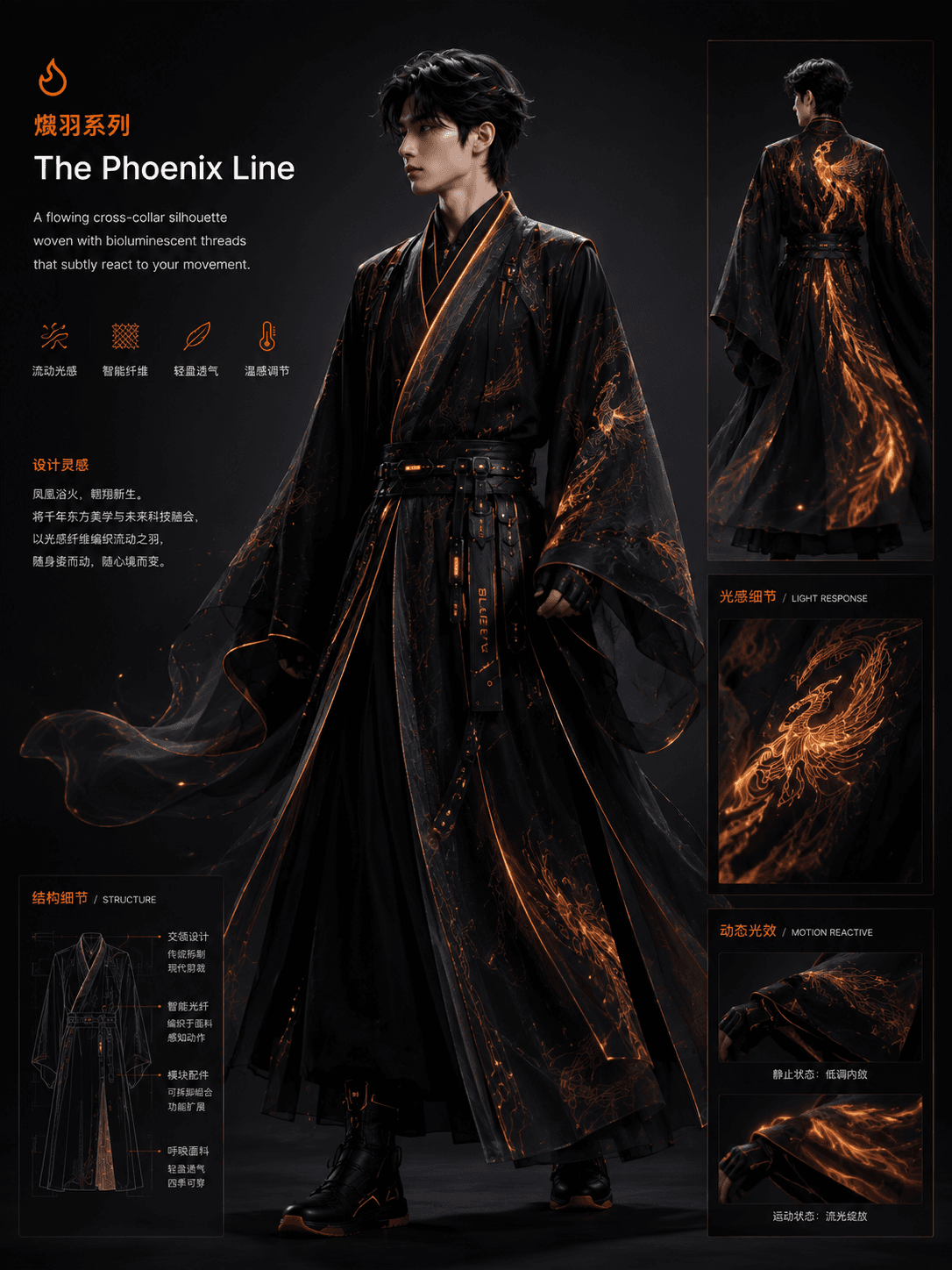 Phoenix Line Modern Hanfu with bioluminescent threads